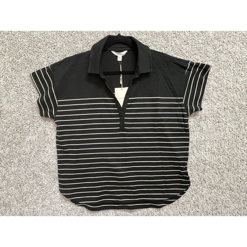 “NWT Garnet Hill Black Striped Top Women Polo Style Short Sleeve Casual Shirt S”